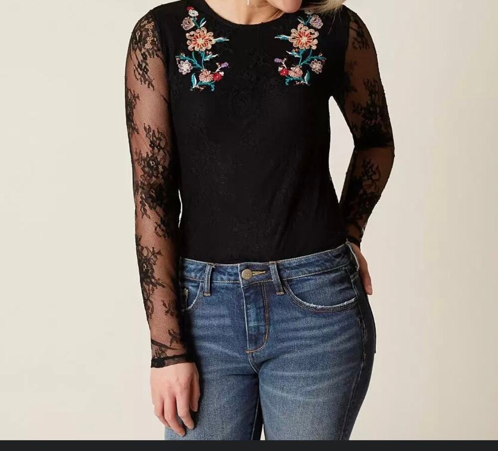 Daytrip Buckle Black Lace Sleeve Floral Embroidered Shirt Womens Small
